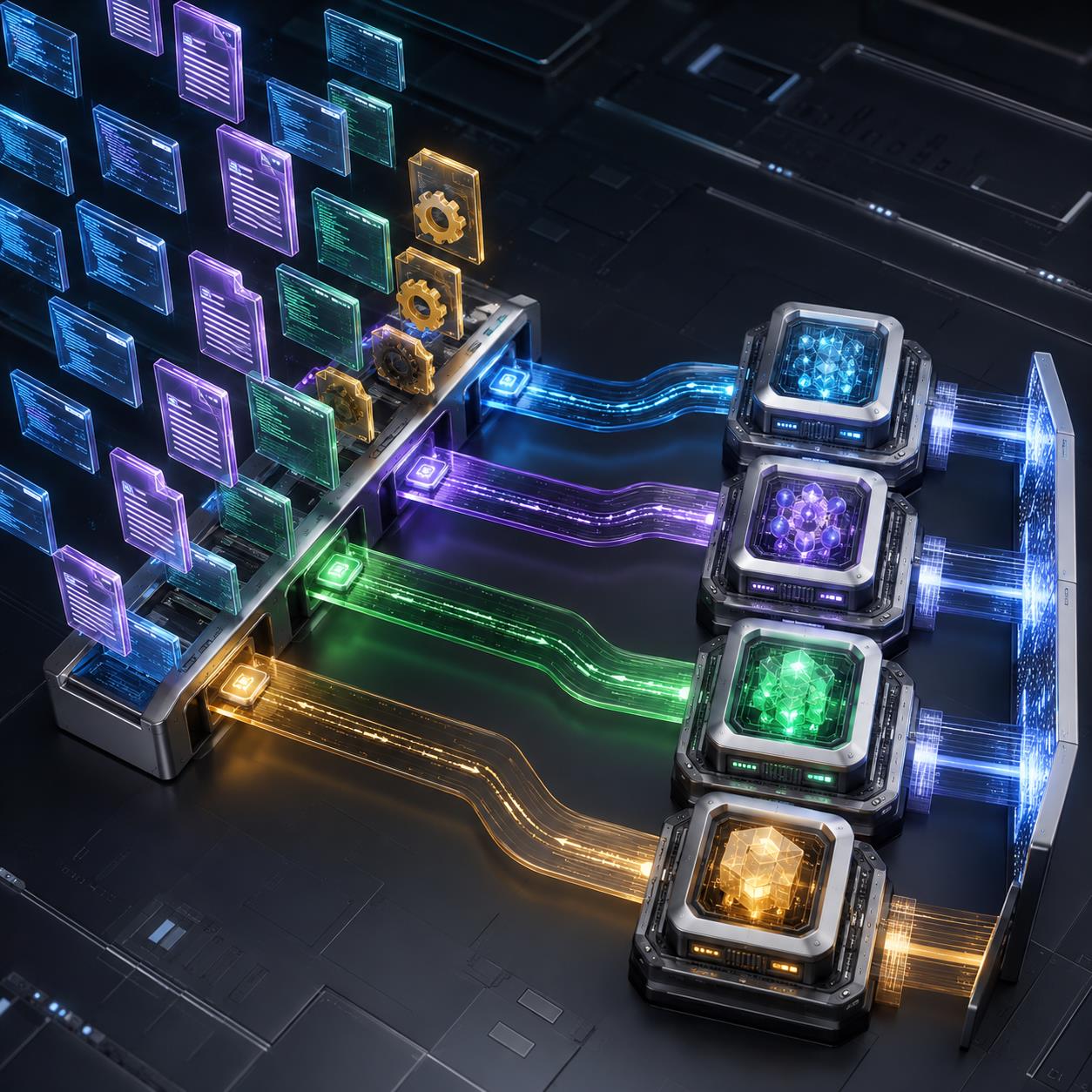 不同任务流向不同模型通道的 3D 科技图